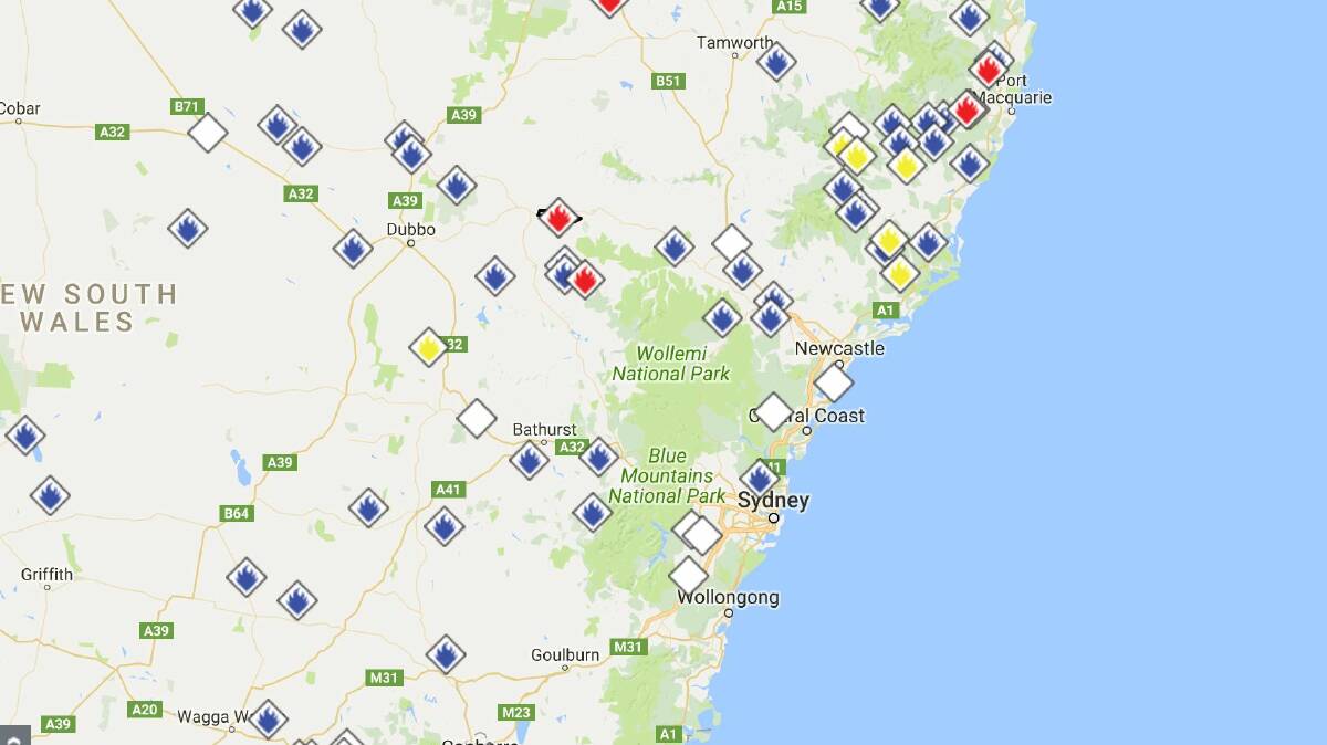 Fires burning across NSW as of 5pm on Sunday. Picture: RFS NSW