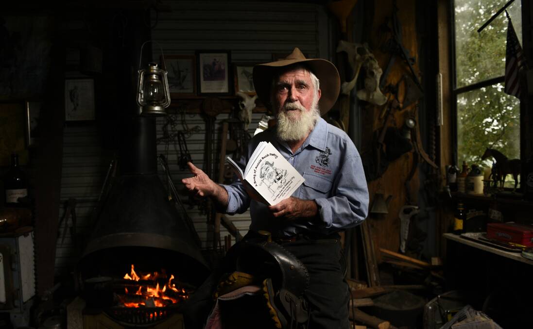 BUSH POET: Bob "the Minmi Magster" Skelton recites bush poetry in his tin-roof shed at the old Minmi schoolhouse. He will perform his newest work at this year's Tocal Field Days on April 29 and 30. PICTURE: PERRY DUFFIN