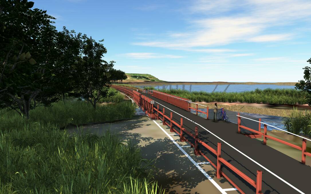 ECO-TOURISM: An artist's impression of the Richmond Vale Rail Trail passing through Hunter Wetlands National Park. The raised boardwalk features viewing platforms to the side of the shared path. The trail is proposed to run between Shortland and Kurri Kurri.