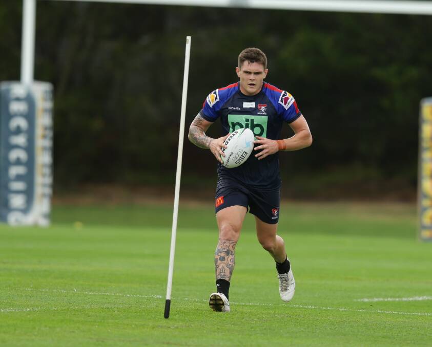 BACK IN ACTION: Knights forward Brodie Jones during pre-season training earlier this year. He will start in the back-row against Cronulla. Picture: Jonathan Carroll
