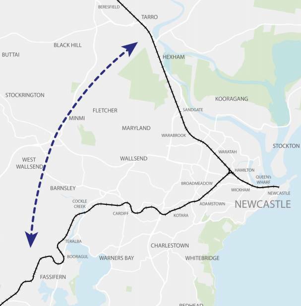 PRPORAL: The Lower Hunter Freight Corridor, a potential future freight rail line between Fassifern and Hexham. 