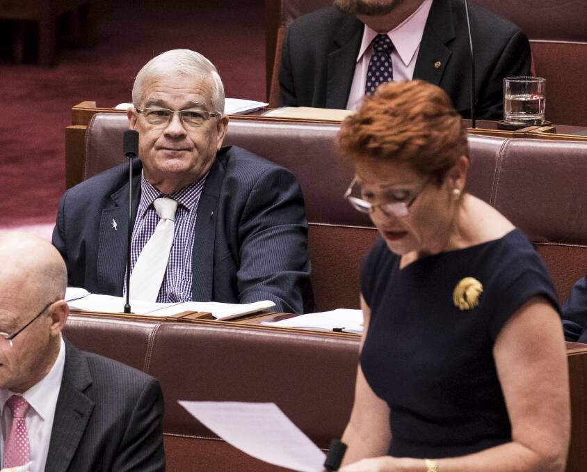 Action: Former Hunter Senator Brian Burston in federal parliament in February with One Nation leader Pauline Hanson. Picture: Dominic Lorimer. 