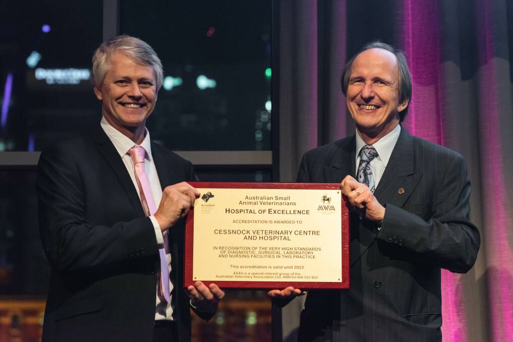 Cream of the crop: Dr Robert Boyd (left) travelled down to Melbourne in August in order to be presented with accreditation from the Australian Veterinary Association’s (AVA) “Hospital of Excellence” program. Photo: Supplied.