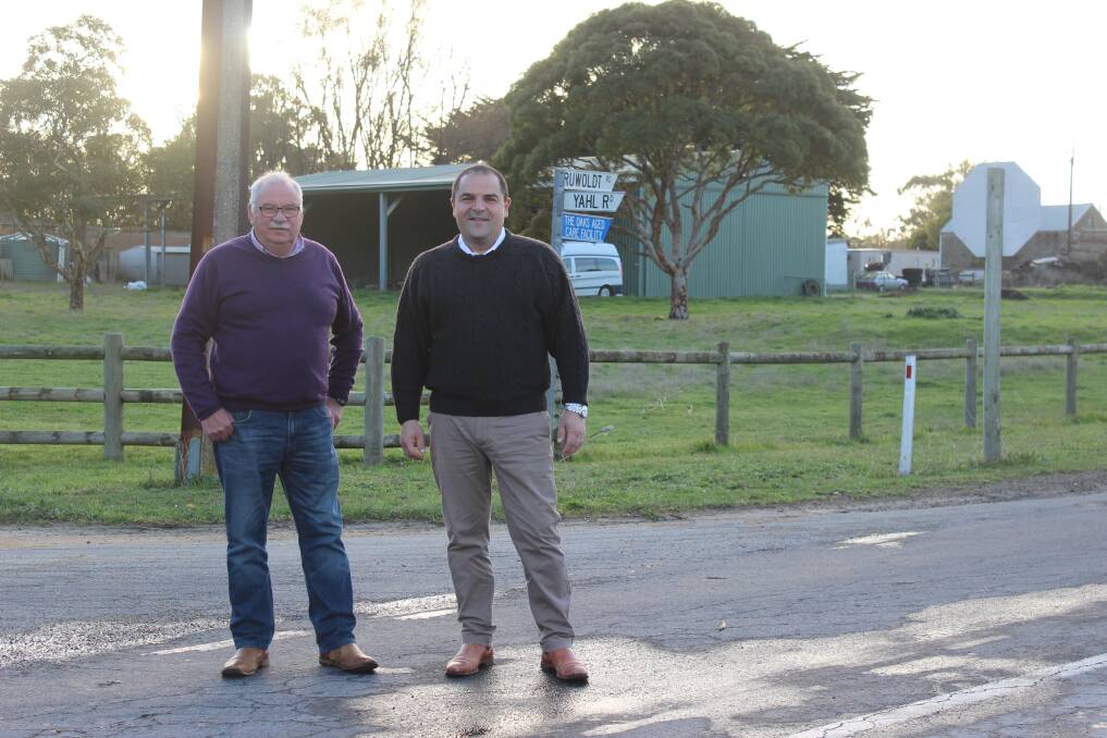 IMPROVING SAFETY: District Council of Grant mayor Richard Sage and Member for Barker Tony Pasin at the Ruwoldt Road and Yahl Road intersection where a staggered T-junction will be constructed.