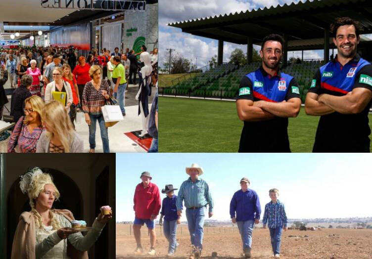 THE YEAR THAT WAS: (Top left) Grand opening of the final Stockland Green Hills stage, (top right) Knights preseason game at Maitland Sportsground, (bottom left) Helen Hopcroft dressed as Marie Antoinette, (bottom right) The Big Dry drought campaign.