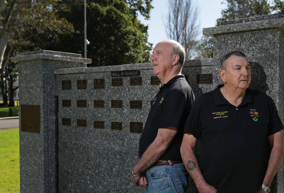 LEST WE FORGET: Maitland Vietnam Veterans and Services Legion secretary Stan Carbines and president Peter Margetts at Maitland Park ahead of Friday's commemorations. Picture: Simone De Peak