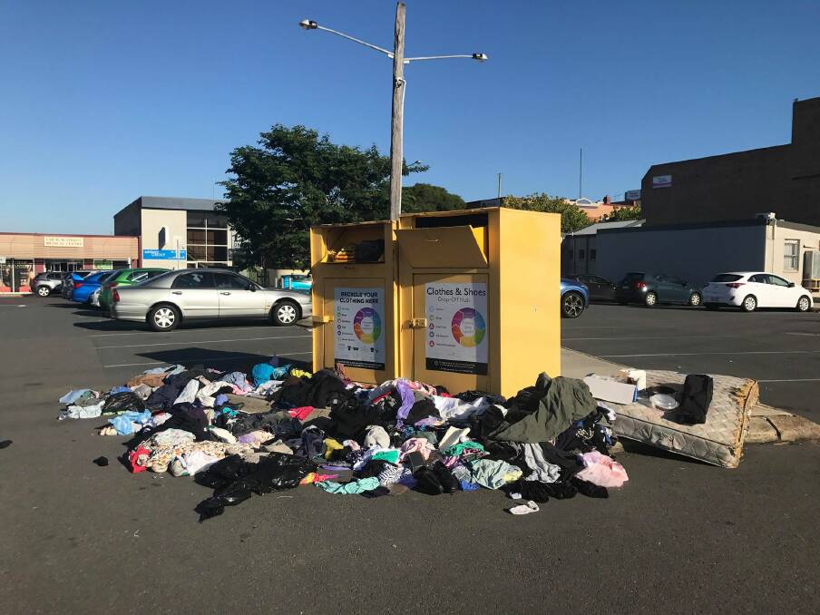 MESSY: The Church Street car park SCR Group hubs in Central Maitland on Monday morning. If you see someone illegally dumping by these bins, you can report it by calling 1300 372 842.