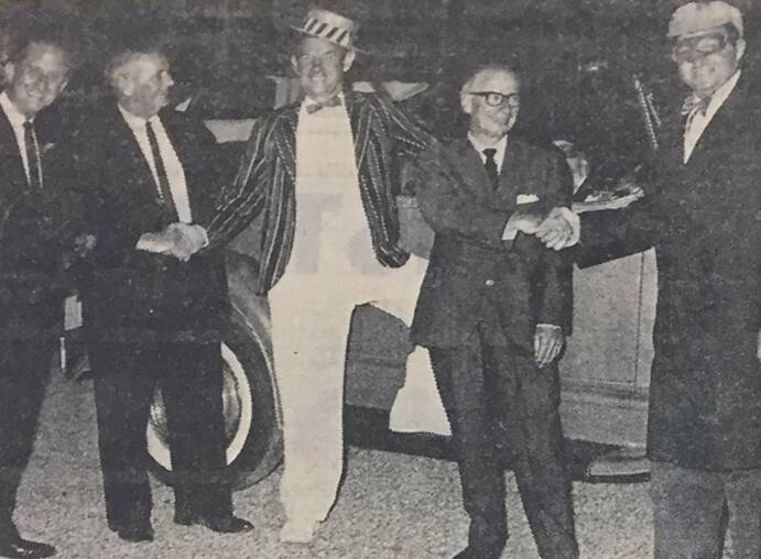 A photo from the 1967 opening night, appearing in the Cessnock Advertiser. The caption read: Mr. Ray Smith, at left, with general manager of National Theatre Supplies, with the manager of the new Heddon Greta Skyline Drive-In Theatre, Mr. Sam Robinson, Mr. Laurie Murphy, of Cessnock, the assistant to the exectutive director of the Greater Union Theatres organisation, Mr. H. G. Hayward, and Albert Bromage, of Cessnock, with a vintage car at the drive-in opening this week.