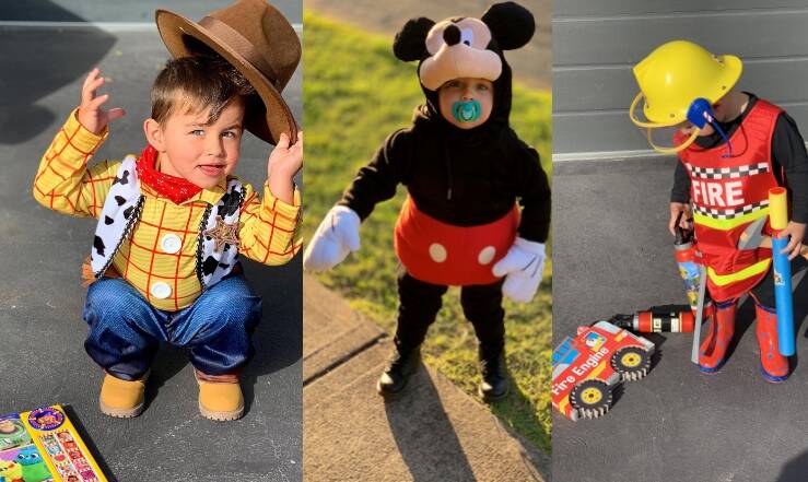 Tanner, 2, as Woody, Mickey Mouse, and Fireman Sam. Pictures: Elle Hickey