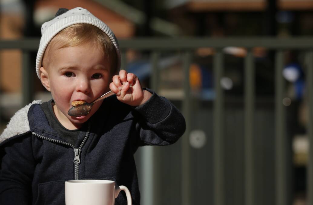 Patrick Kuhne, 19 months, enjoying a soggy biscuit in a cup of milk at Maitland Park on Thursday. Picture: Simone De Peak