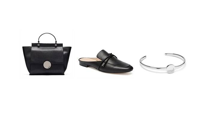 Brand: Mimco, left to right: Waver Tote ($450), Cyber Loafer ($199), Waver Open Cuff ($69.95).