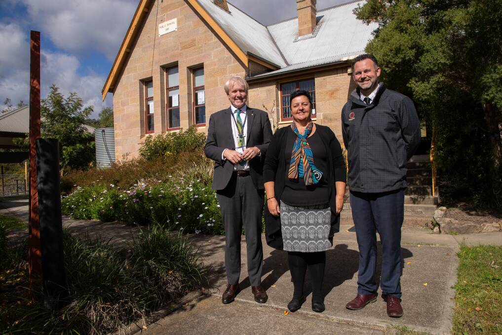 NEW VENTURE: Phillip Heath, Head of Barker College, with teacher Mandy Shaw and Jamie Shackleton, the school's Director of Aboriginal Campuses, at Wollombi. Picture: Supplied 