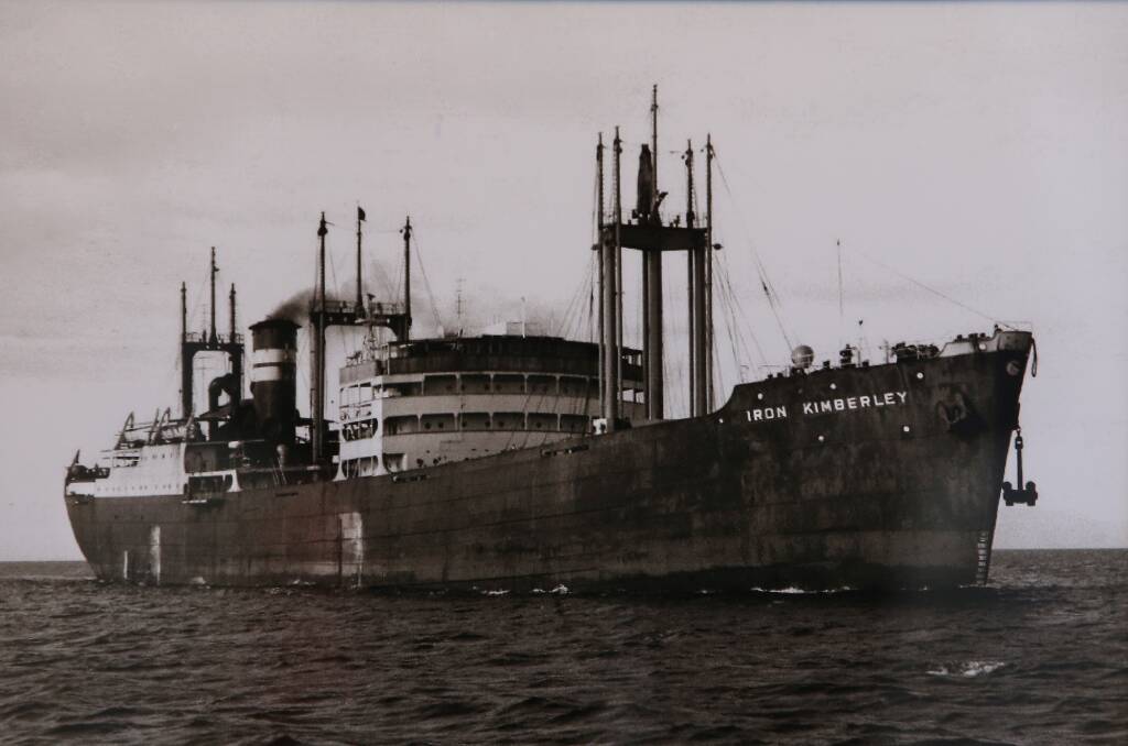 A photo of the BHP ship 'Iron Kimberley', which was the first ship Tom Jones worked on, and featured in the Maritime Union of Australia's 150th anniversary exhibition. 