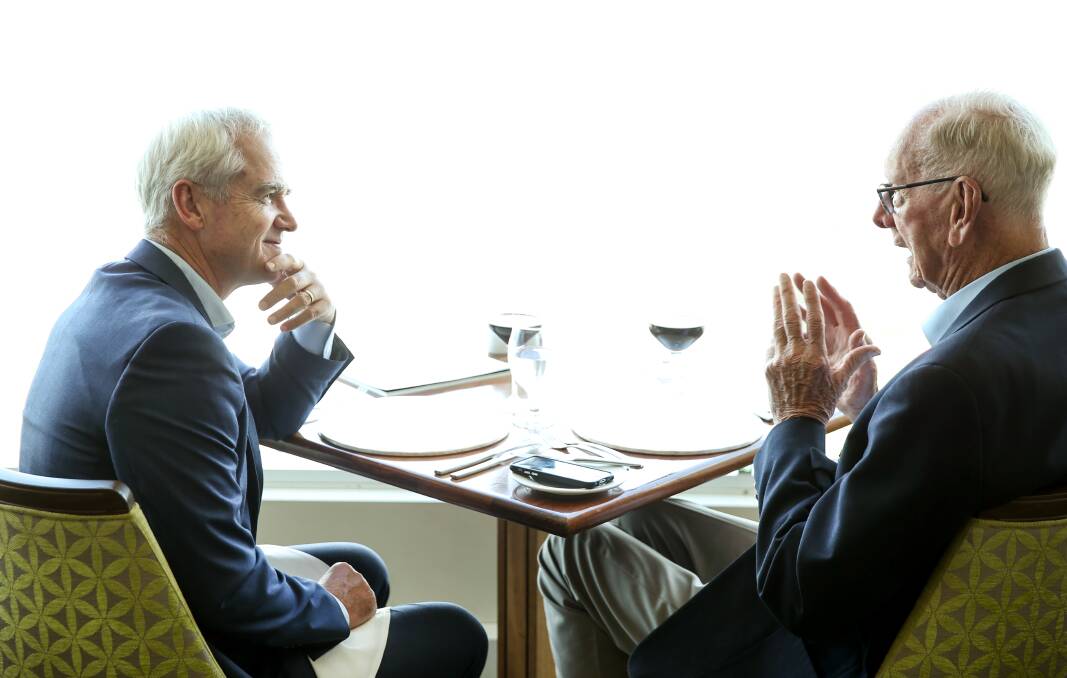FULL-VALUE LIFE: Retired businessman John Peschar talks with Scott Bevan over lunch. Picture: Marina Neil 