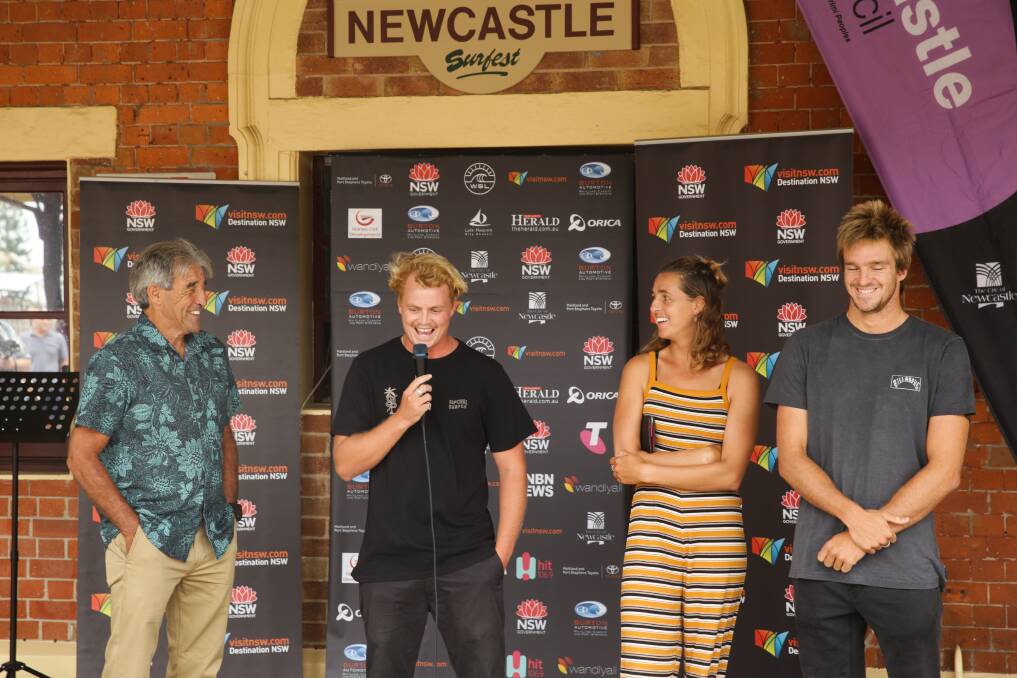 Surfest Coordinator Warren Smith interviews surfers Jackson Baker, Philippa Anderson and Ryan Callinan at the festival launch on Friday. Picture: Jonathan Carroll 