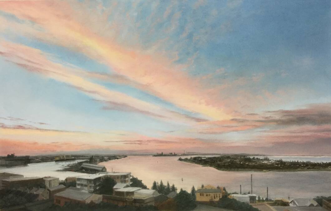 HOME VIEW: Kerrie Coles' painting, "End of the Day, Newcastle Harbour", which is in her new exhibition, "Light Between the Latitudes". Picture: Courtesy, Kerrie Coles