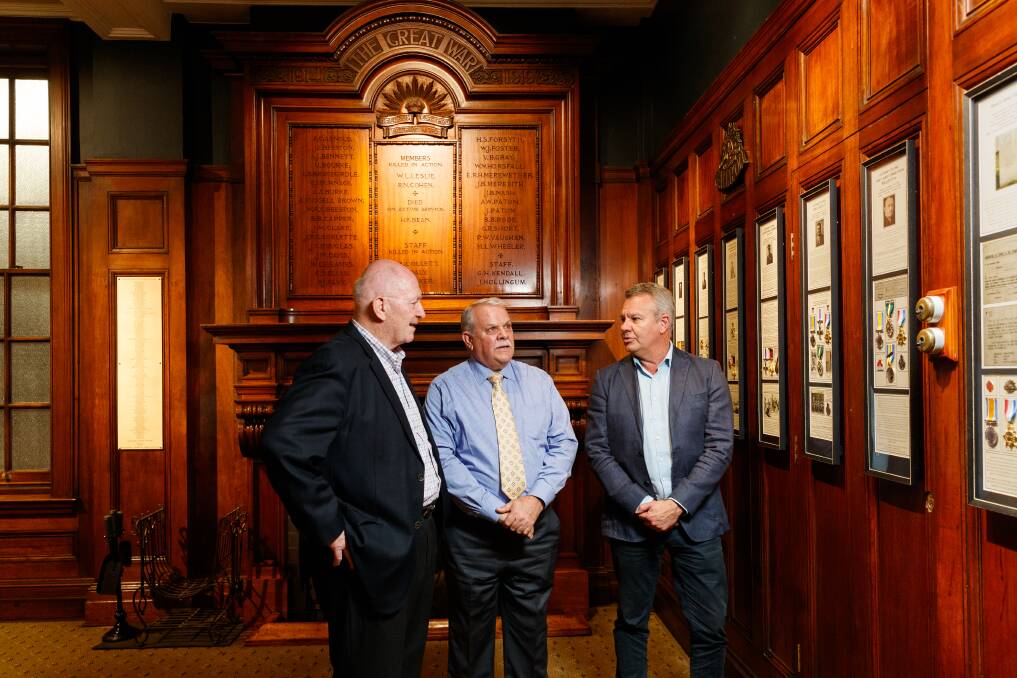 General Sir Peter Cosgrove with Newcastle Club CEO Ian Baker and committee member Brett Lavaring in the newly named Anzac Lounge. Picture: Max Mason-Hubers