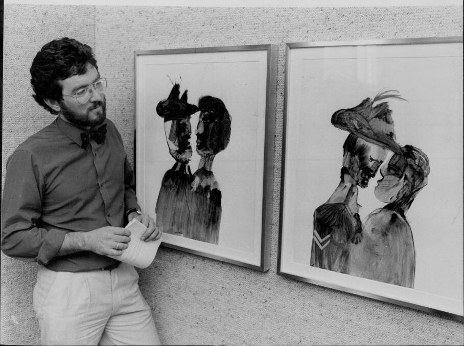 WAR ART: Gavin Fry, with Gallipoli paintings by Sidney Nolan, in 1980. 