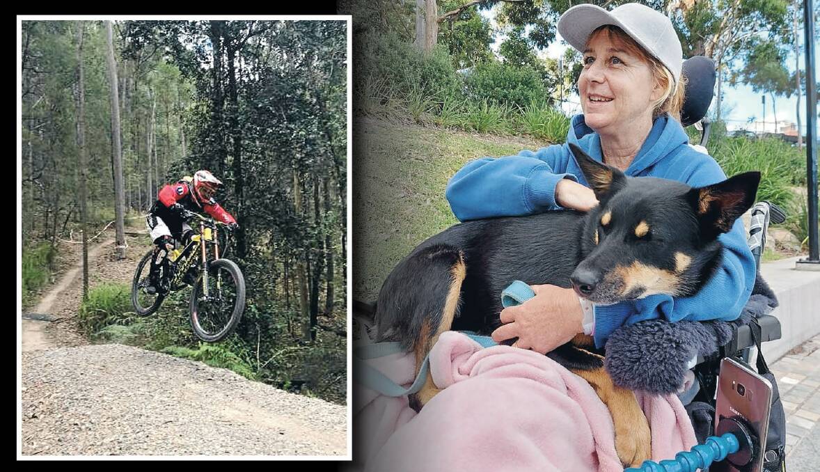 LIFE CHANGED: Coleen Kehoe riding at the Awaba Mountain Bike Park and, right, in a wheelchair with her dog, Boo. 
