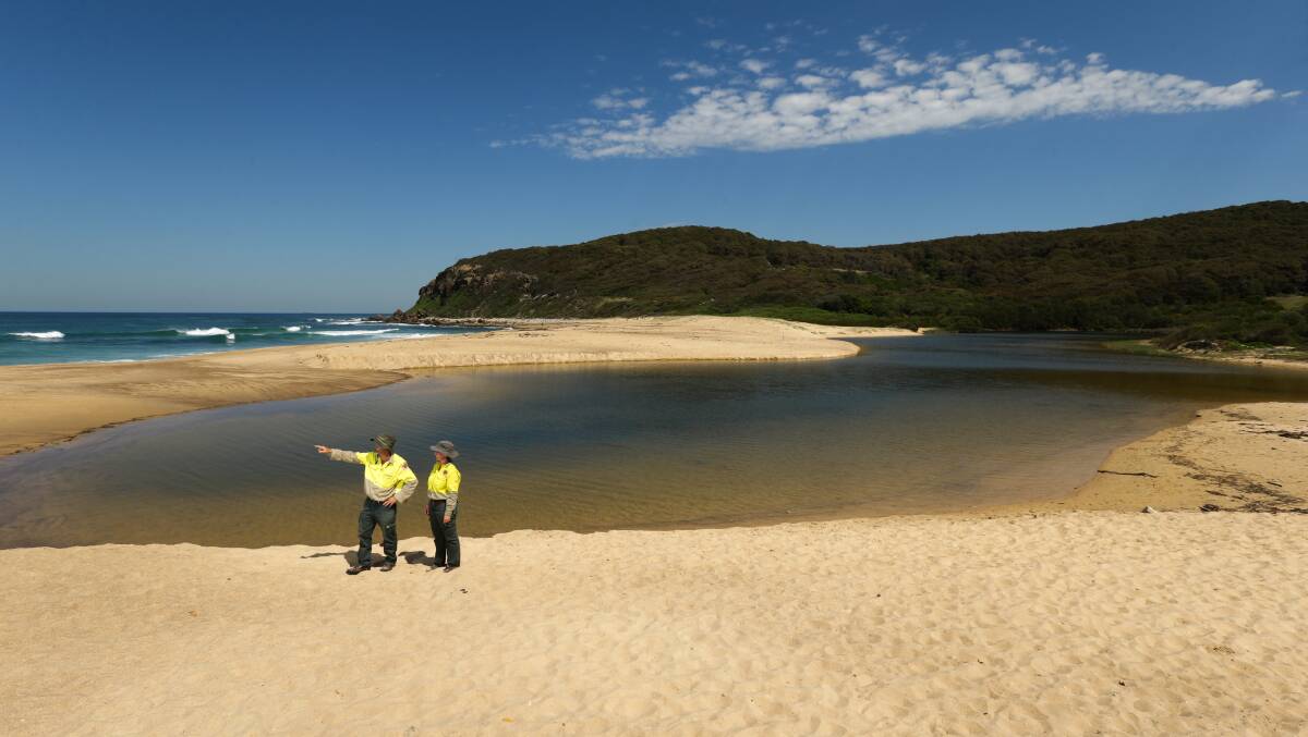 Boyd Carney and Kate Harrison, from NSW National Parks and Wildlife Service, on the edge of Glenrock Lagoon. Picture: Jonathan Carroll