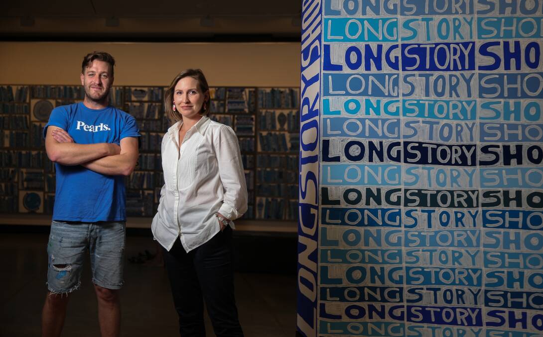 Artist Lucas Grogan and gallery coordinator Kattie Bugeja at the "Long Story Short" exhibition. Picture: Marina Neil