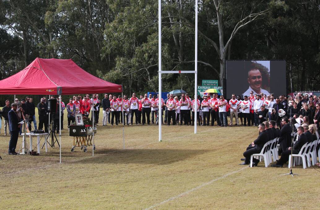 The funeral service for Ben Langdon held on his rugby league team's home ground at Karuah. Picture: Simone De Peak