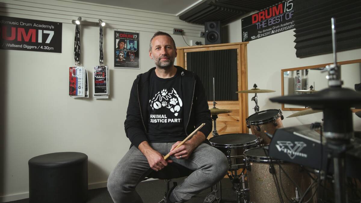Well-known drummer Darren Brollo is the Animal Justice Party's Newcastle candidate in the May 18 poll. Picture: Marina Neil