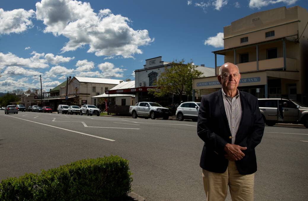 Dungog Mayor John Connors, photographed in 2020, in the town's main thoroughfare, Dowling Street. Picture: Marina Neil 