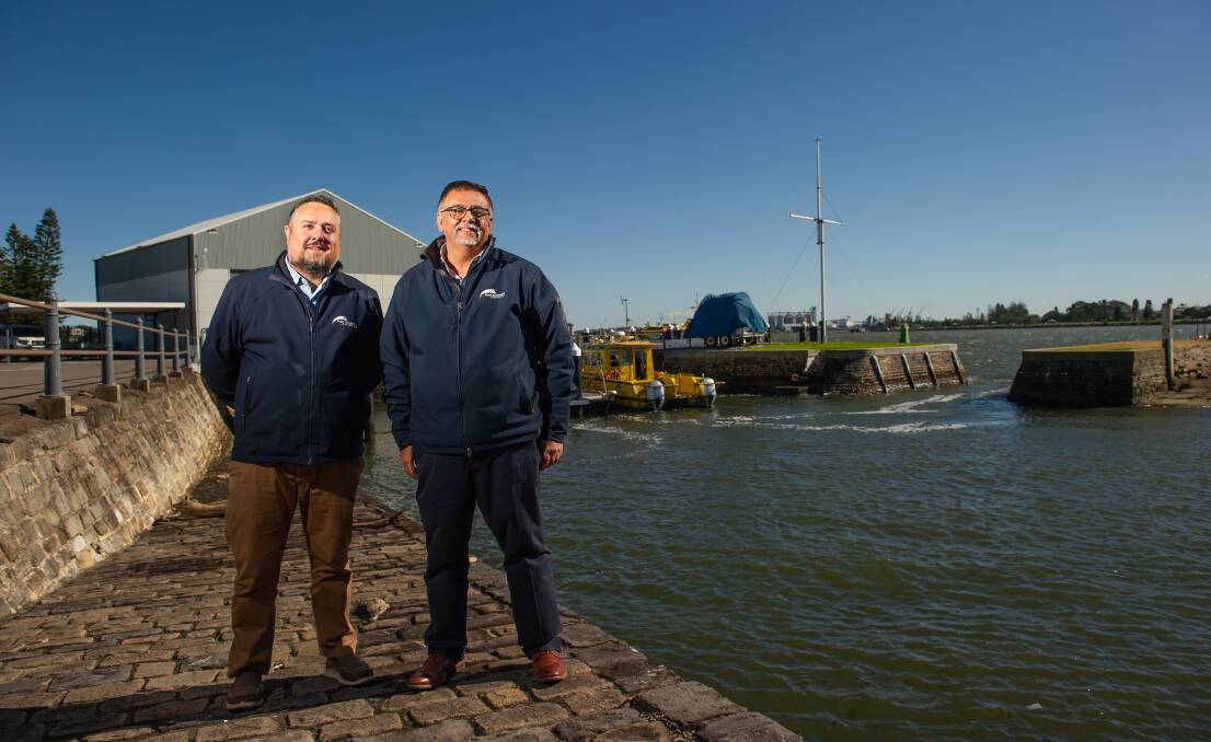 Peter Ernst, Head of Regional Ports for the Port Authority of NSW, and Harbour Master Captain Vikas Bangia at Newcastle's pilot station. Picture: Marina Neil