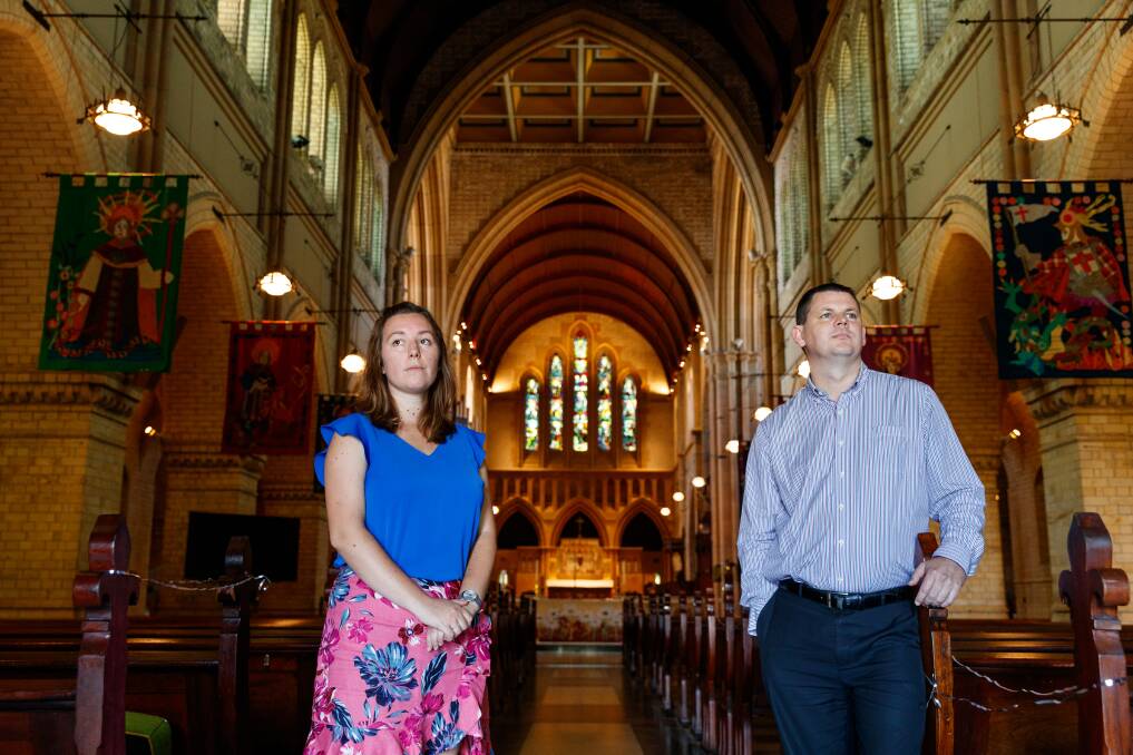 FRUSTRATED: Veronica Butcher, a member of Christ Church Cathedral's choir, and Peter Guy, Master of the Choristers, believe COVID rules should allow for group singing inside the large sacred space. Picture: Max Mason-Hubers. 