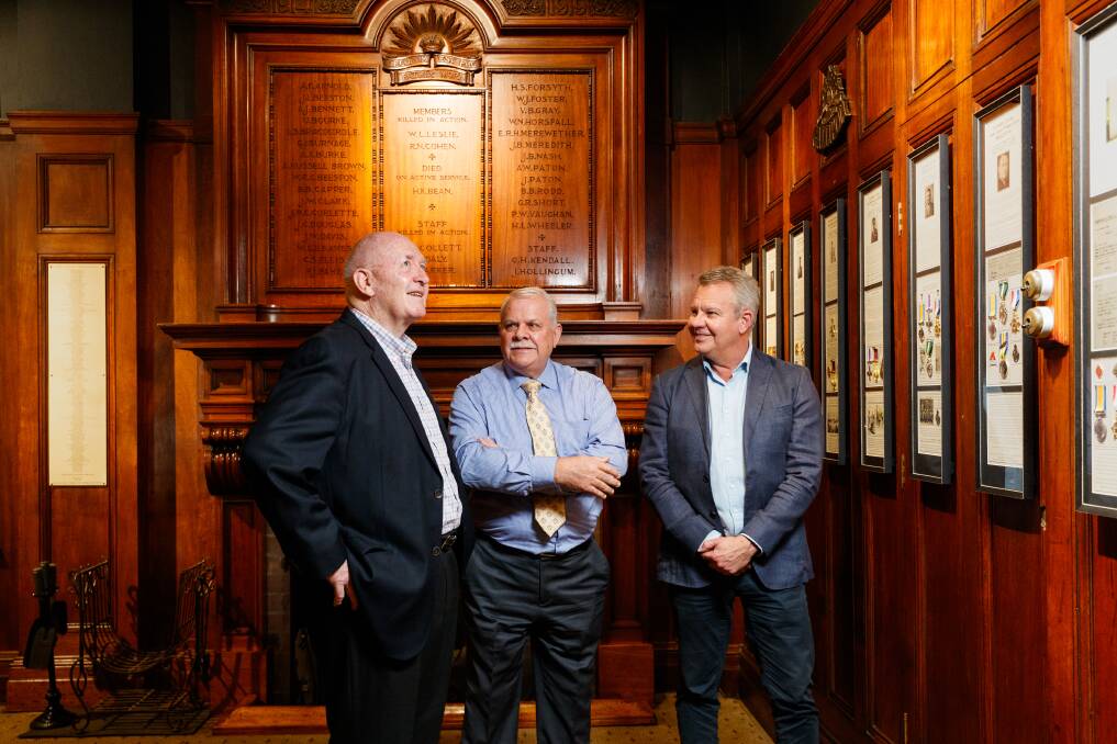 REFLECTING: General Sir Peter Cosgrove with Newcastle Club CEO and Secretary Ian Baker and committee member Brett Lavaring in the newly named Anzac Lounge. Pictures: Max Mason-Hubers