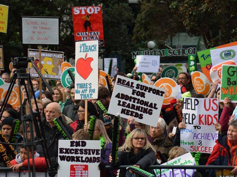 New Zealand teachers, seen at a rally in August, have been protesting low wages for months.