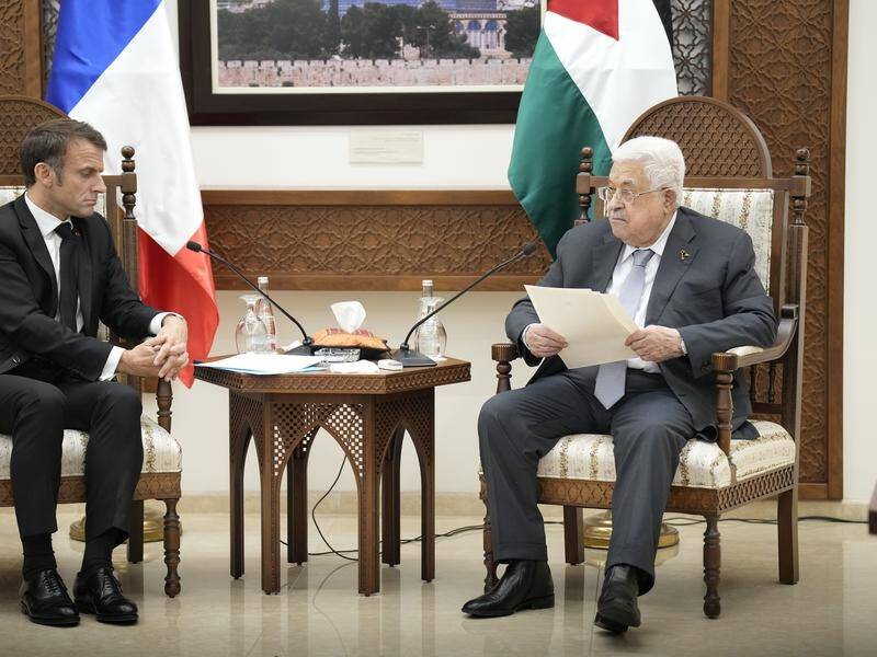 French President Emmanuel Macron has met Palestinian President Mahmoud Abbas in the West Bank. (AP PHOTO)