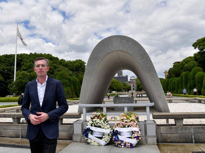 NSW Premier Dominic Perrottet during Saturday's visit to the Hiroshima Peace Memorial Park. (Bianca De Marchi/AAP PHOTOS)