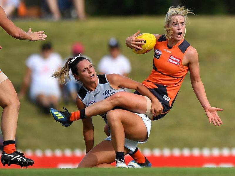 Yvonne Bonner (R) has kicked a goal-of-the-year contender in GWS's 29-point AFLW loss to Carlton.