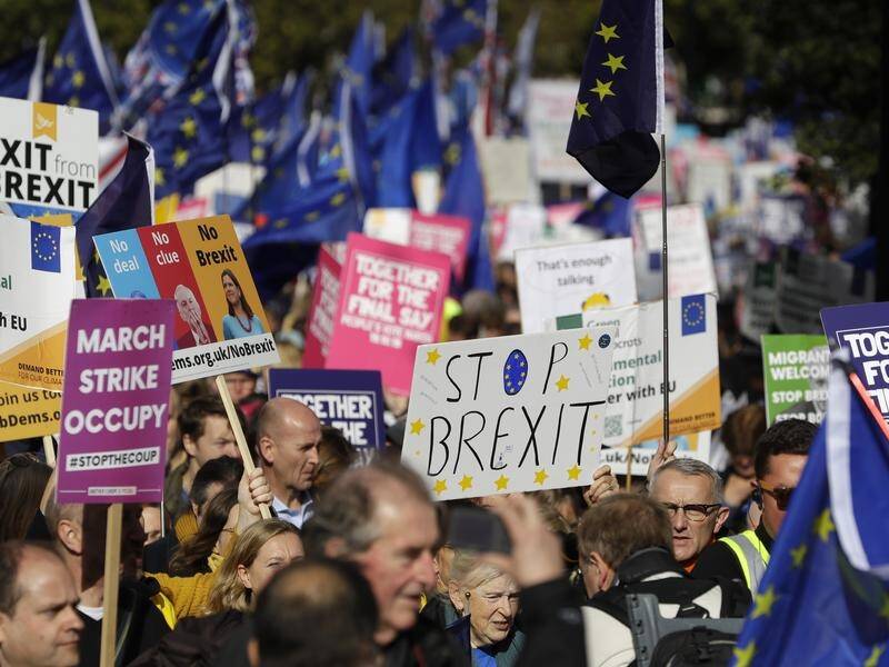 Protesters waving EU flags and carrying signs calling for Brexit to be halted gathered in London.