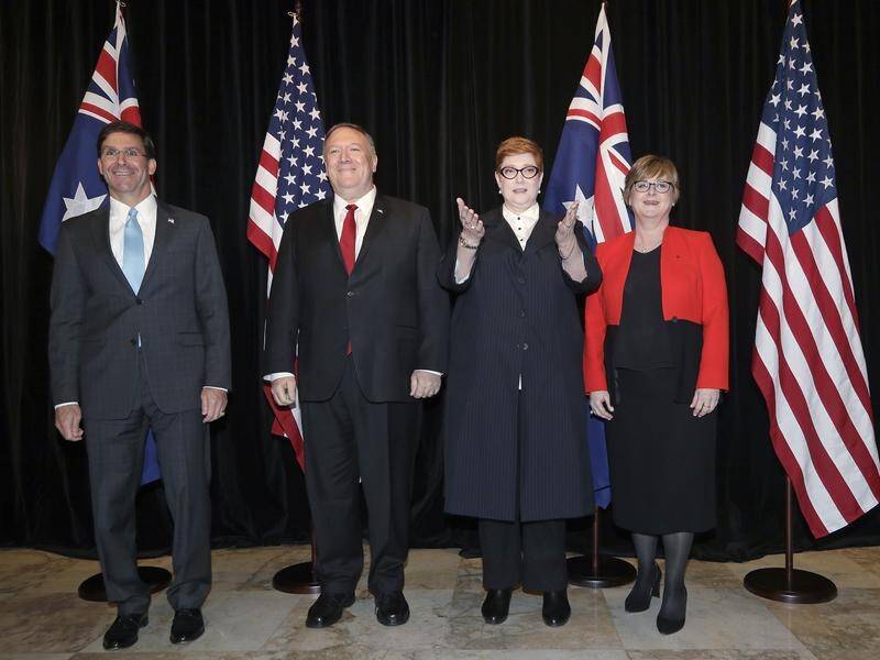 Americans Mark Esper and Mike Pompeo with Australian ministers Marise Payne and Linda Reynolds.