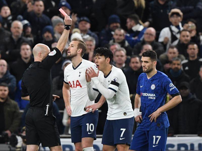 Tottenham's Heung Min Son (c) is sent off against Chelsea for his lunge at Antonio Rudiger.
