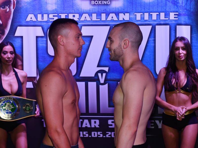 Tim Tszyu (l) and Joel Camilleri at the weigh-in for their Australian super welterweight title fight