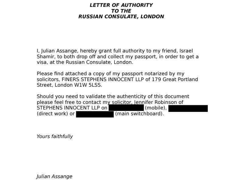 Julian Assange wrote a letter asking for a Russian visa before he fled to the Ecuadorian embassy.