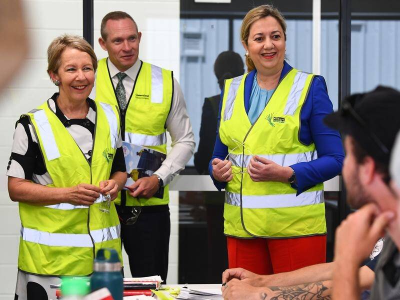 Skills Minister Di Farmer, left, says students who do TAFE courses are successful in getting jobs. (Jono Searle/AAP PHOTOS)