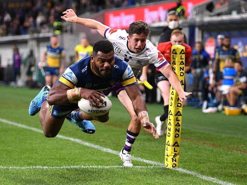 Parramatta's Maika Sivo flies over for a try in Thursday's 14-0 NRL win over the Melbourne Storm.