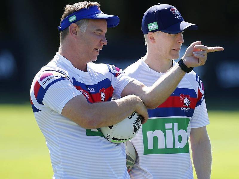 Newcastle's Adam O'Brien (l) has been working on giving the under-performing NRL team a mental edge.