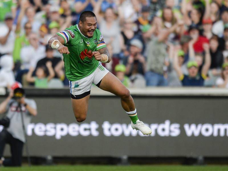 Joey Leilua has scored two tries in Canberra's 26-22 home NRL defeat of struggling Brisbane.