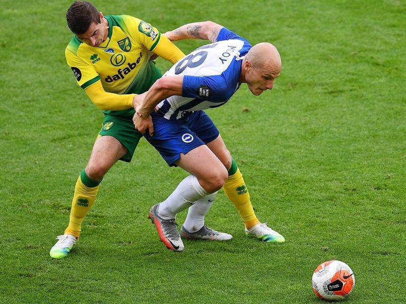 Socceroo Aaron Mooy (R) has shone for Brighton & Hove Albion in their 1-0 EPL win over Norwich.