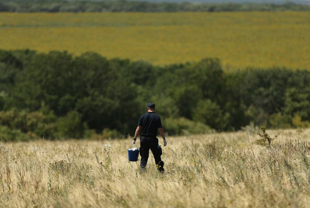 A Dutch officer searching at the MH17 crash site for human remains in order to bring them home. Photo: Kate Geraghty