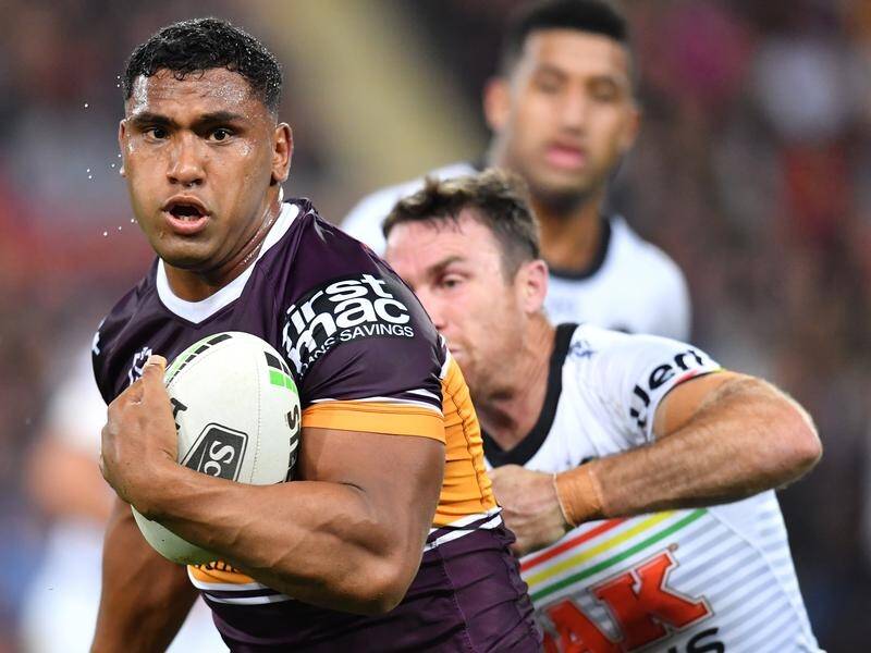 The NRL judiciary has suspended Brisbane's Tevita Pangai (L) for five weeks for a crusher tackle.