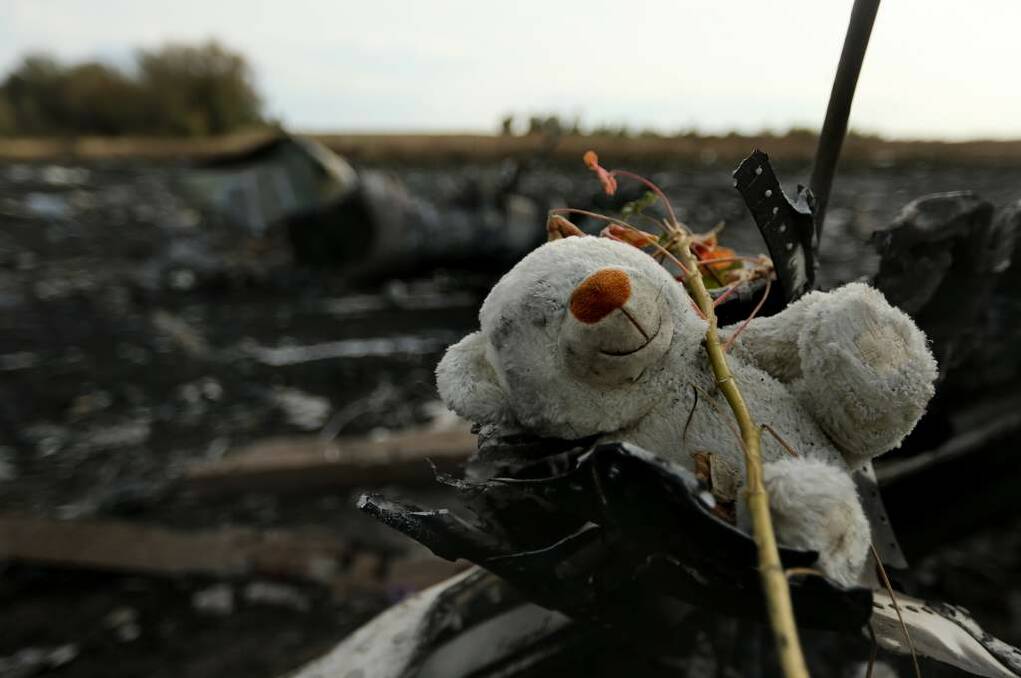 A teddy bear amongst the debris of flight MH17 at the crash site in the fields outside the village of Grabovka. Photo: Kate Geraghty