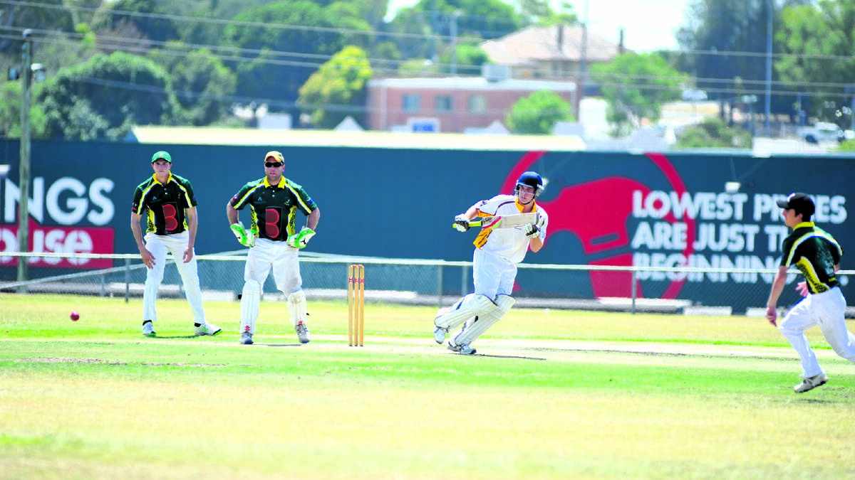 BIG CHASE:  Valleys batsman Chris Duffie plays a shot as Western Suburbs wicketkeeper Tim Clarke and slip and captain Tom Rumbel watch on. 	Picture by CATH BOWEN 