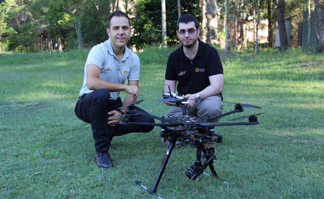 Dr Chris Renton and Ilche Vojdanoski, founders of HiveUAV testing drones in the Hunter Valley.